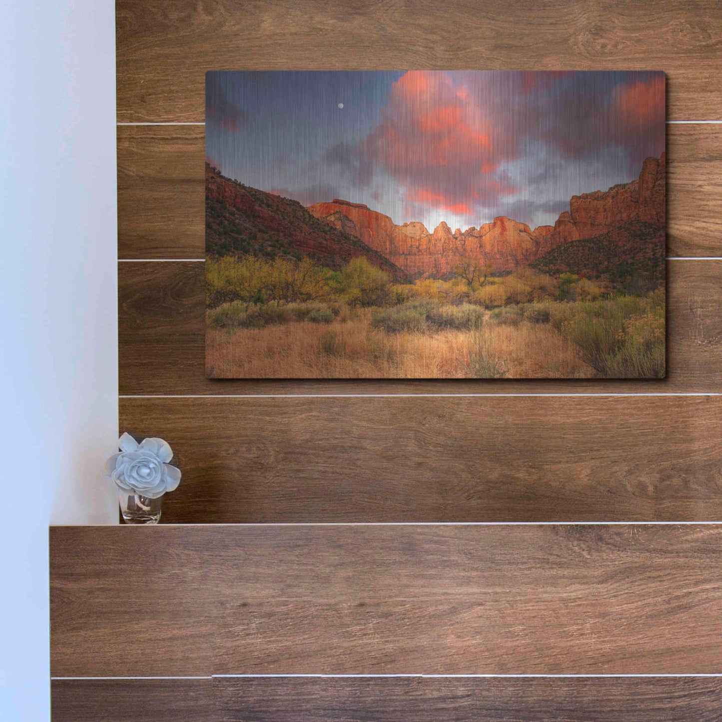 Luxe Metal Art 'Temple Sunrise & Moon' by John Gavrilis, Metal Wall Art,16x12
