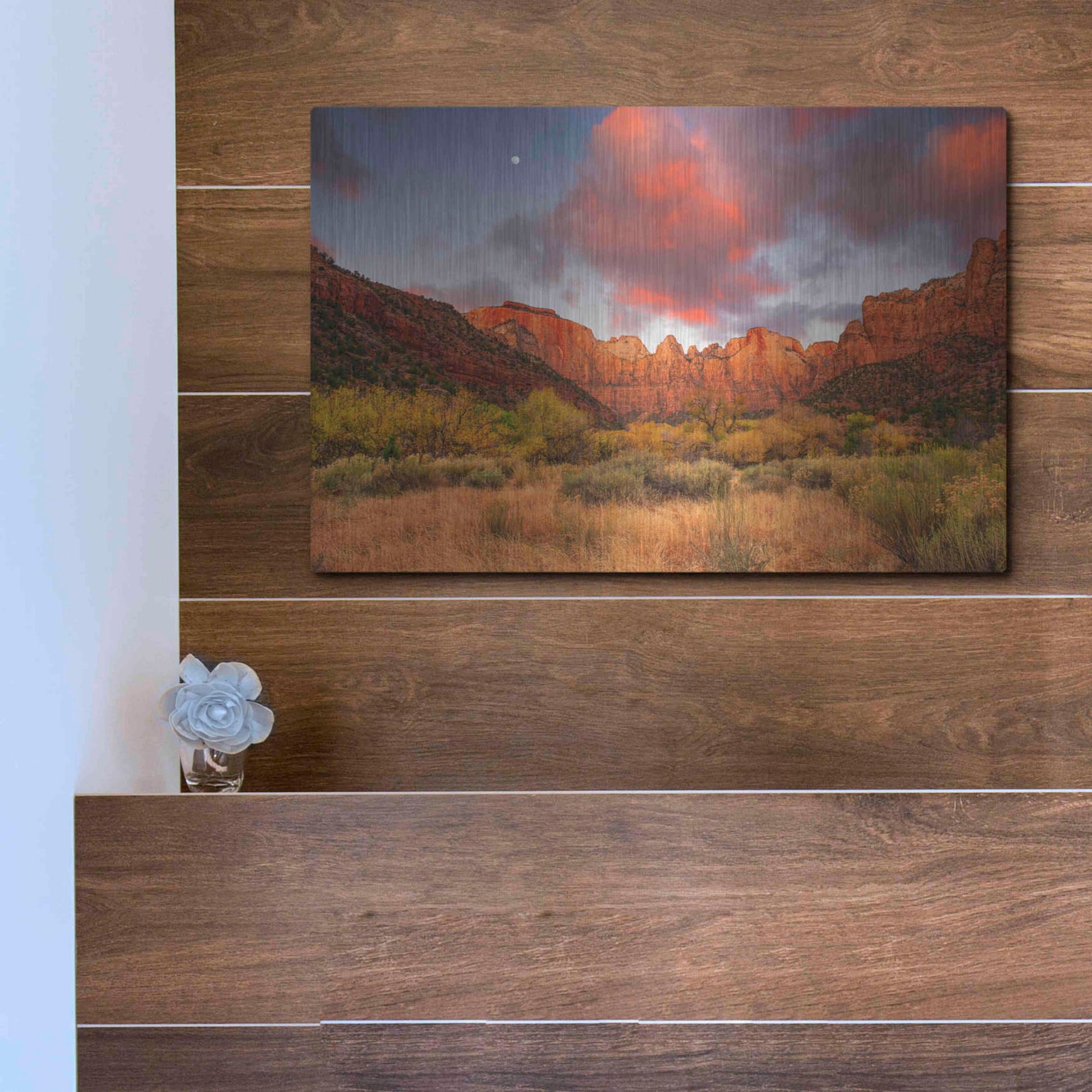 Luxe Metal Art 'Temple Sunrise & Moon' by John Gavrilis, Metal Wall Art,16x12