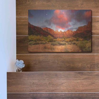 Luxe Metal Art 'Temple Sunrise & Moon' by John Gavrilis, Metal Wall Art,16x12