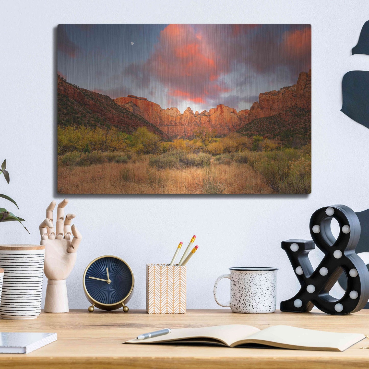 Luxe Metal Art 'Temple Sunrise & Moon' by John Gavrilis, Metal Wall Art,16x12