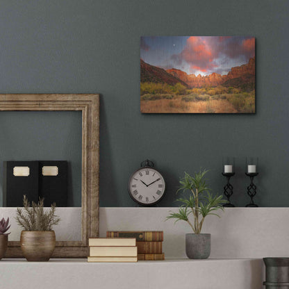 Luxe Metal Art 'Temple Sunrise & Moon' by John Gavrilis, Metal Wall Art,16x12