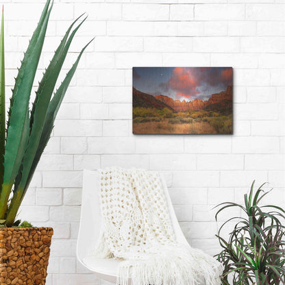 Luxe Metal Art 'Temple Sunrise & Moon' by John Gavrilis, Metal Wall Art,16x12