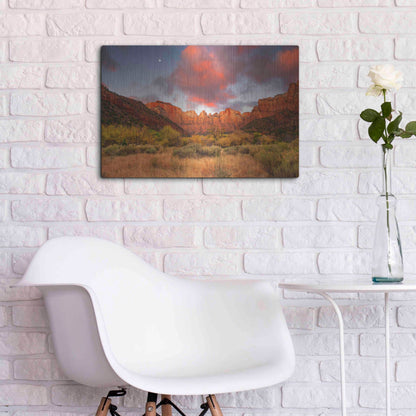 Luxe Metal Art 'Temple Sunrise & Moon' by John Gavrilis, Metal Wall Art,24x16