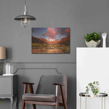 Luxe Metal Art 'Temple Sunrise & Moon' by John Gavrilis, Metal Wall Art,24x16