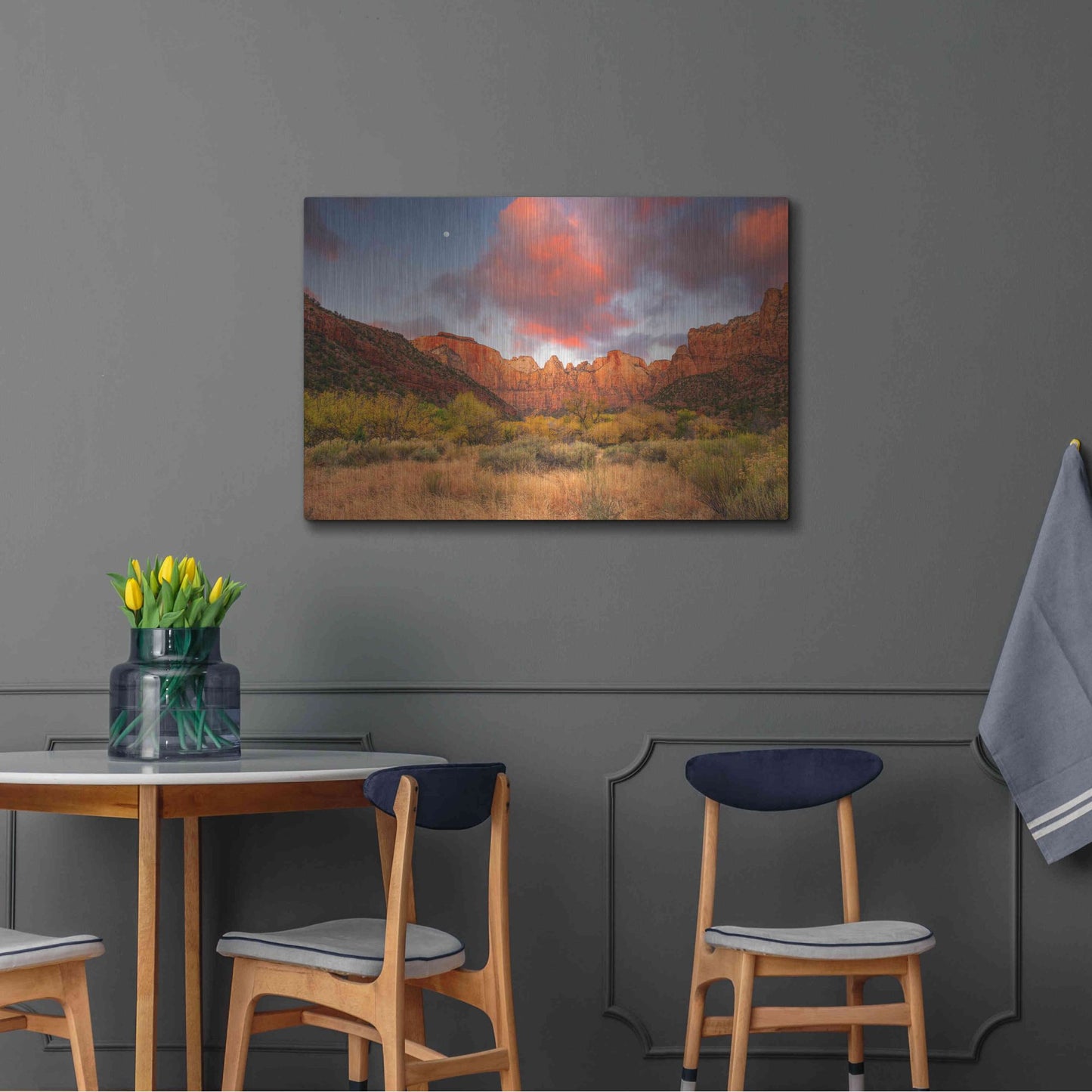 Luxe Metal Art 'Temple Sunrise & Moon' by John Gavrilis, Metal Wall Art,36x24