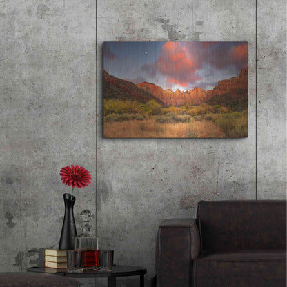 Luxe Metal Art 'Temple Sunrise & Moon' by John Gavrilis, Metal Wall Art,36x24