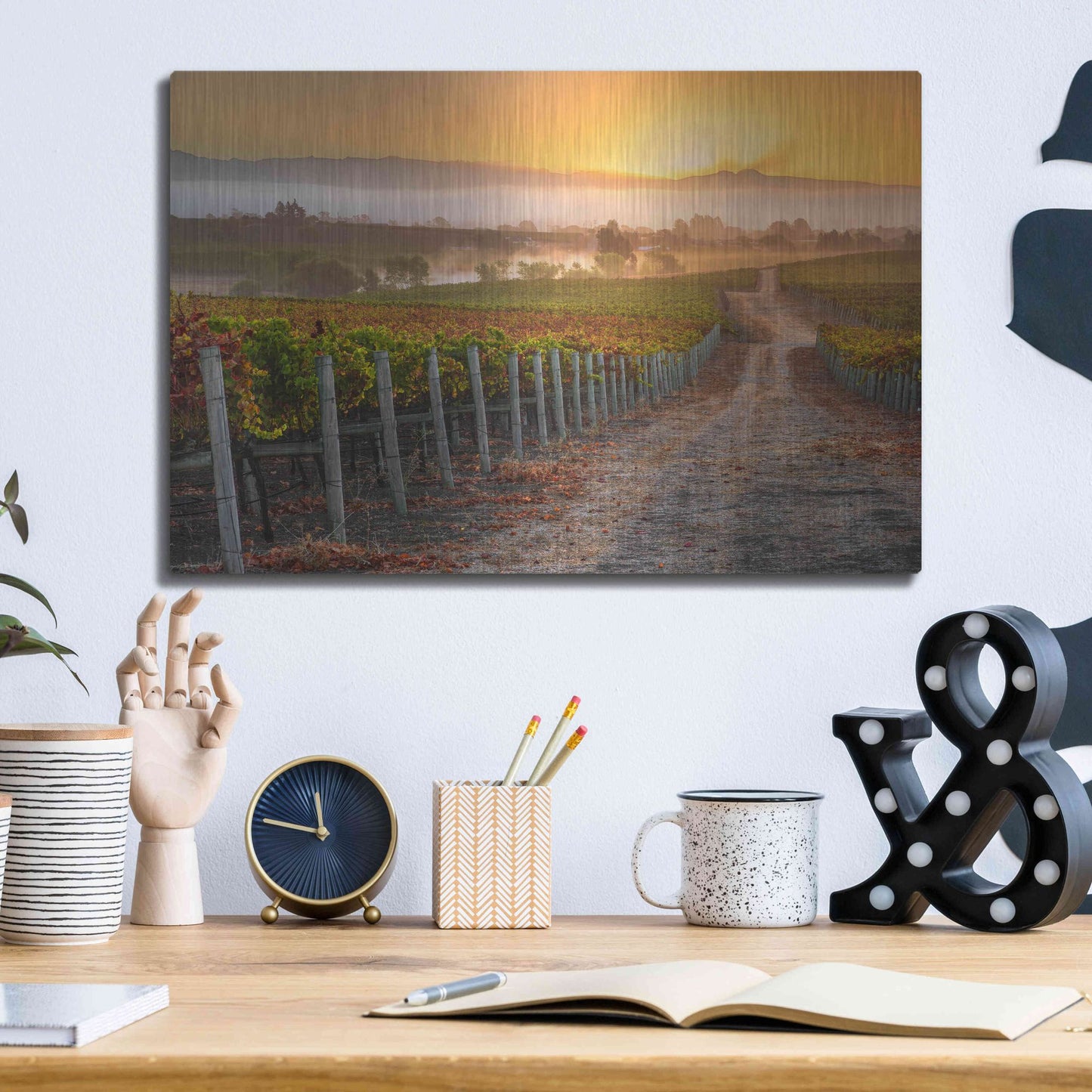 Luxe Metal Art 'Vineyard Sunrise' by John Gavrilis, Metal Wall Art,16x12
