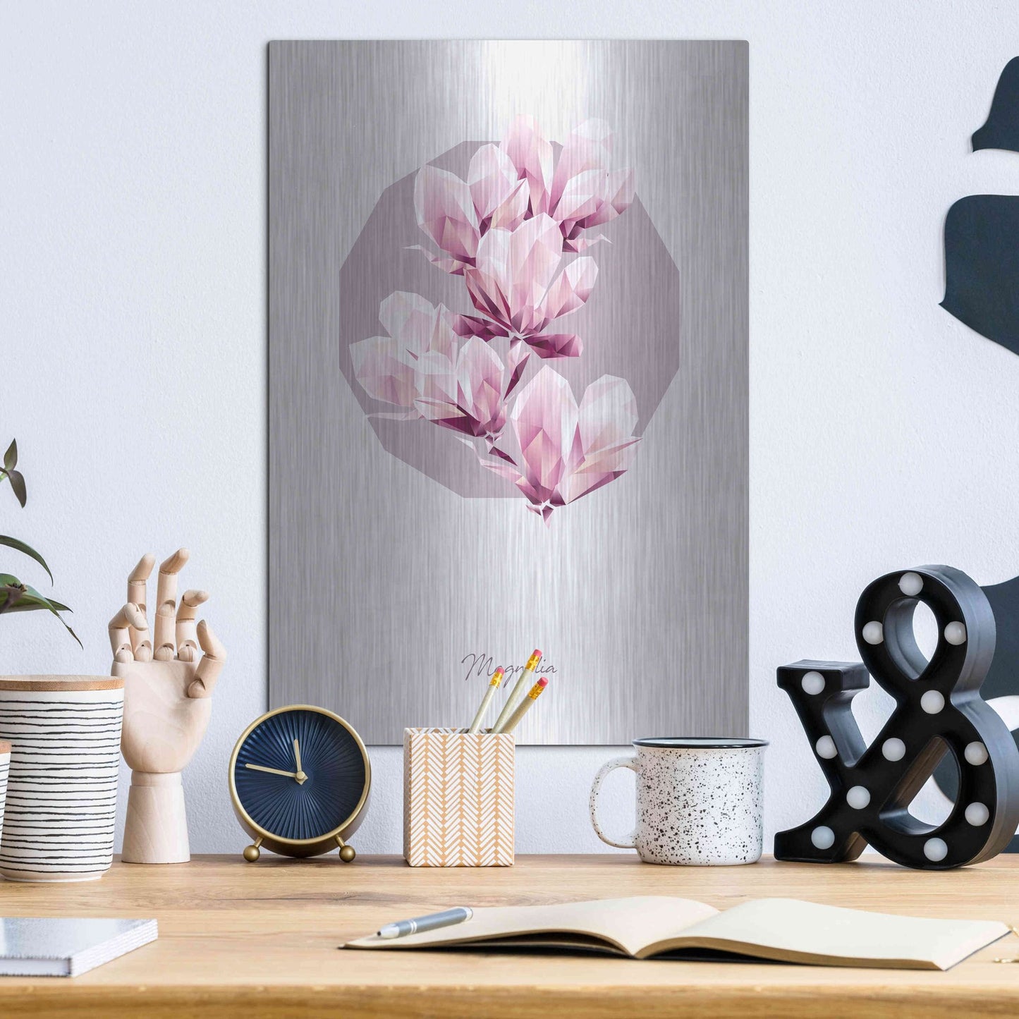 Luxe Metal Art 'Poly Magnolia' by GeoMania, Metal Wall Art,12x16