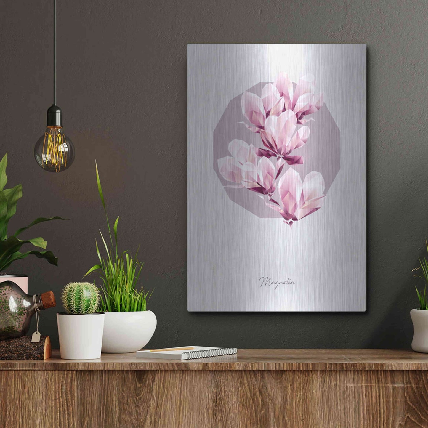 Luxe Metal Art 'Poly Magnolia' by GeoMania, Metal Wall Art,12x16