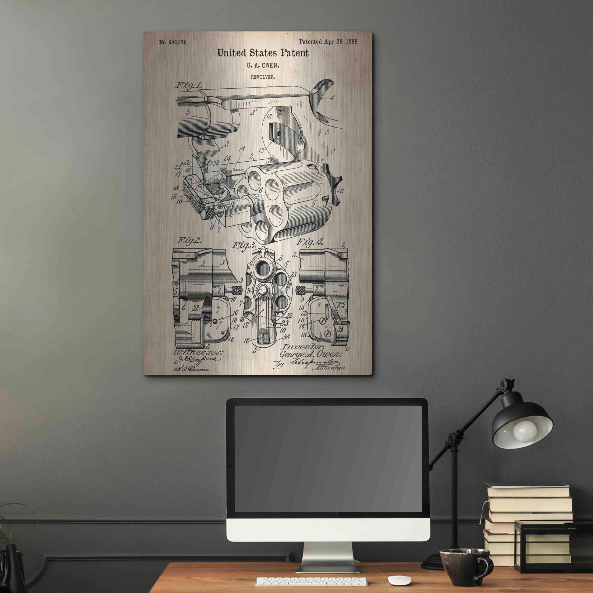 Luxe Metal Art 'Owen Revolver Vintage Patent Blueprint,' Metal Wall Art,24x36