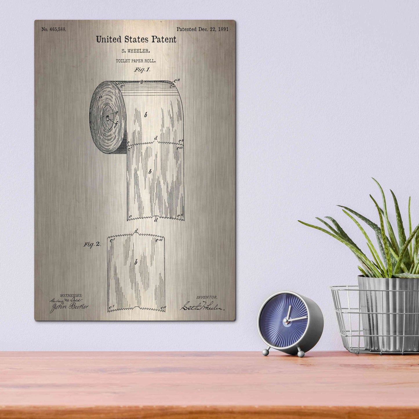 Luxe Metal Art 'Toilet Paper Roll Vintage Patent Blueprint,' Metal Wall Art,12x16