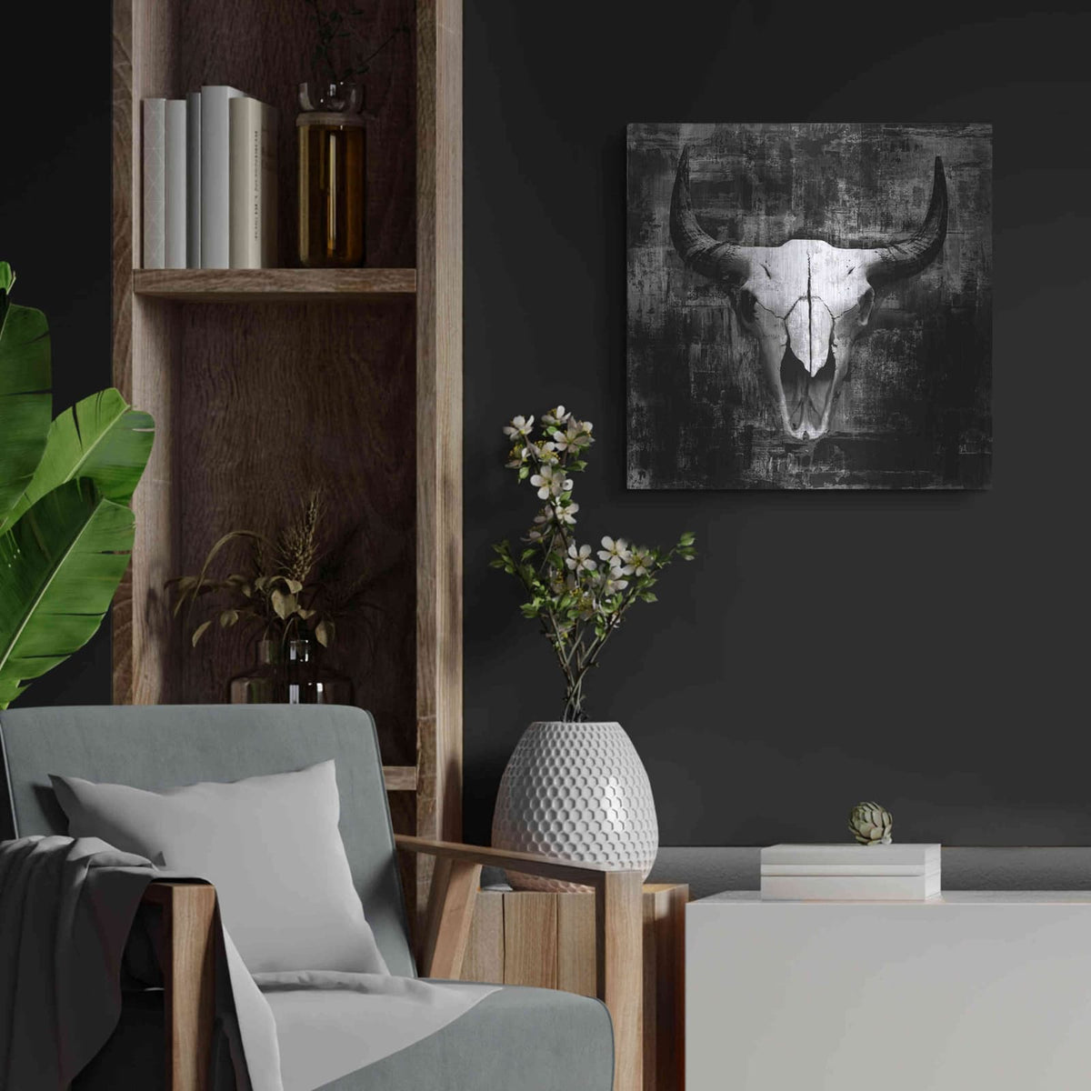 'Black Cowskull' by GraphINC – Metal Wall Art, 24x24 room view