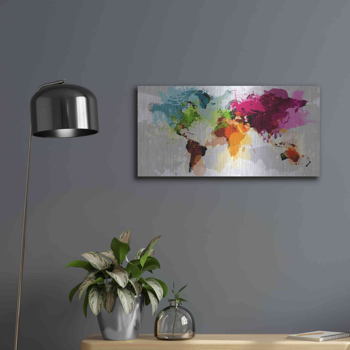 'Colourful World Map' by GraphINC – Metal Wall Art, 24x12 room view