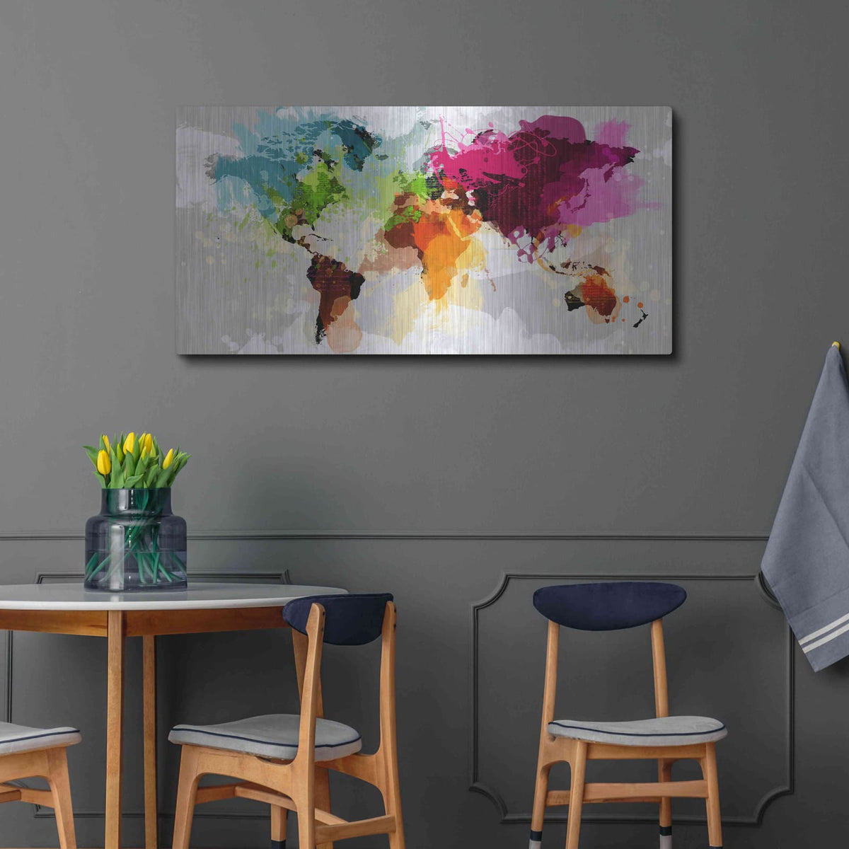 'Colourful World Map' by GraphINC – Metal Wall Art, 48x24 room view
