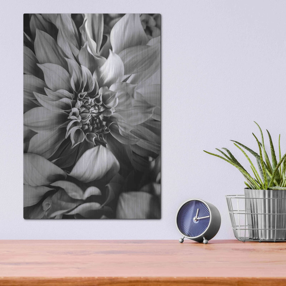 'B&W Flower 4' by Incado – Metal Wall Art, 12x16 room view
