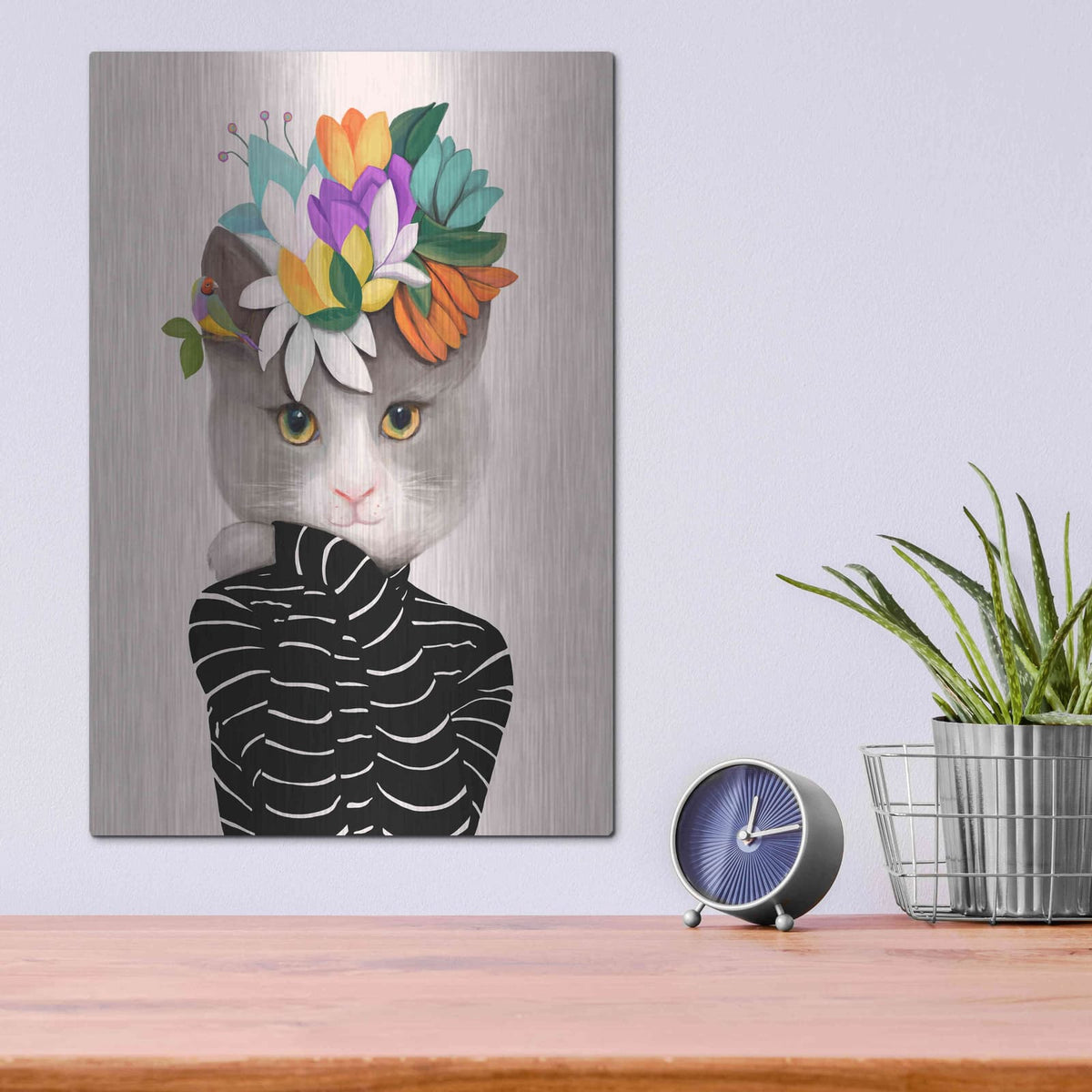 'Cat With Flowers and Finch' by Ioana Horvat – Metal Wall Art, 12x16 room view