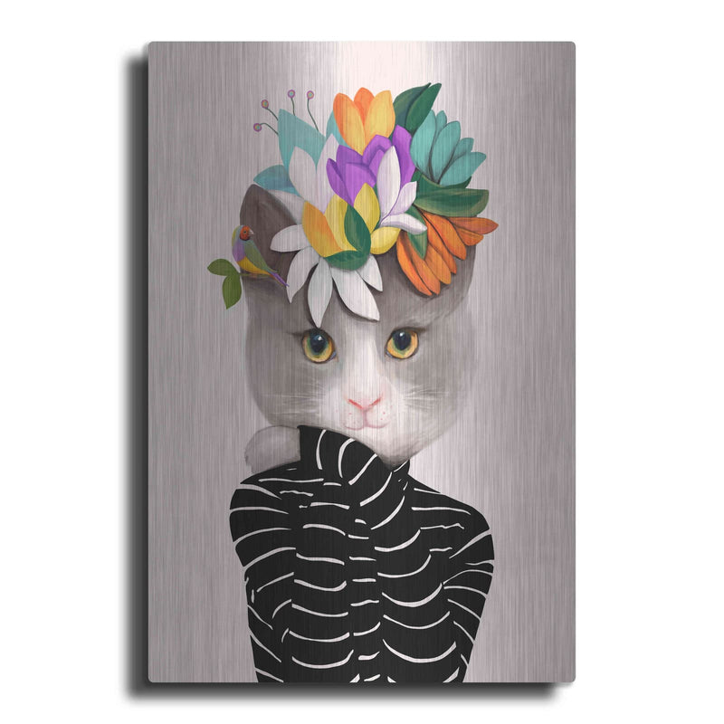 'Cat With Flowers and Finch' by Ioana Horvat – Metal Wall Art