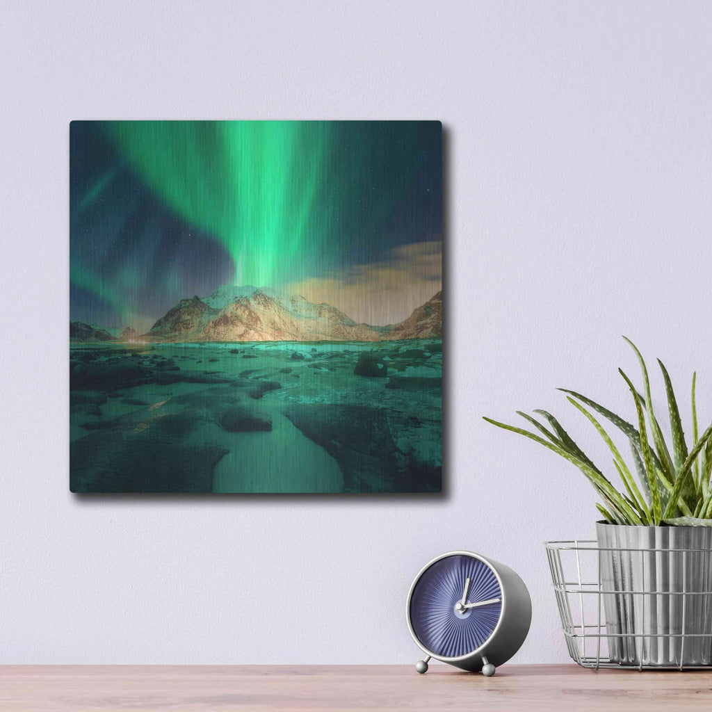 'Aurora Over Snowy Mountains' by Luxe Metal Portfolio – Metal Wall Art, 12x12 room view