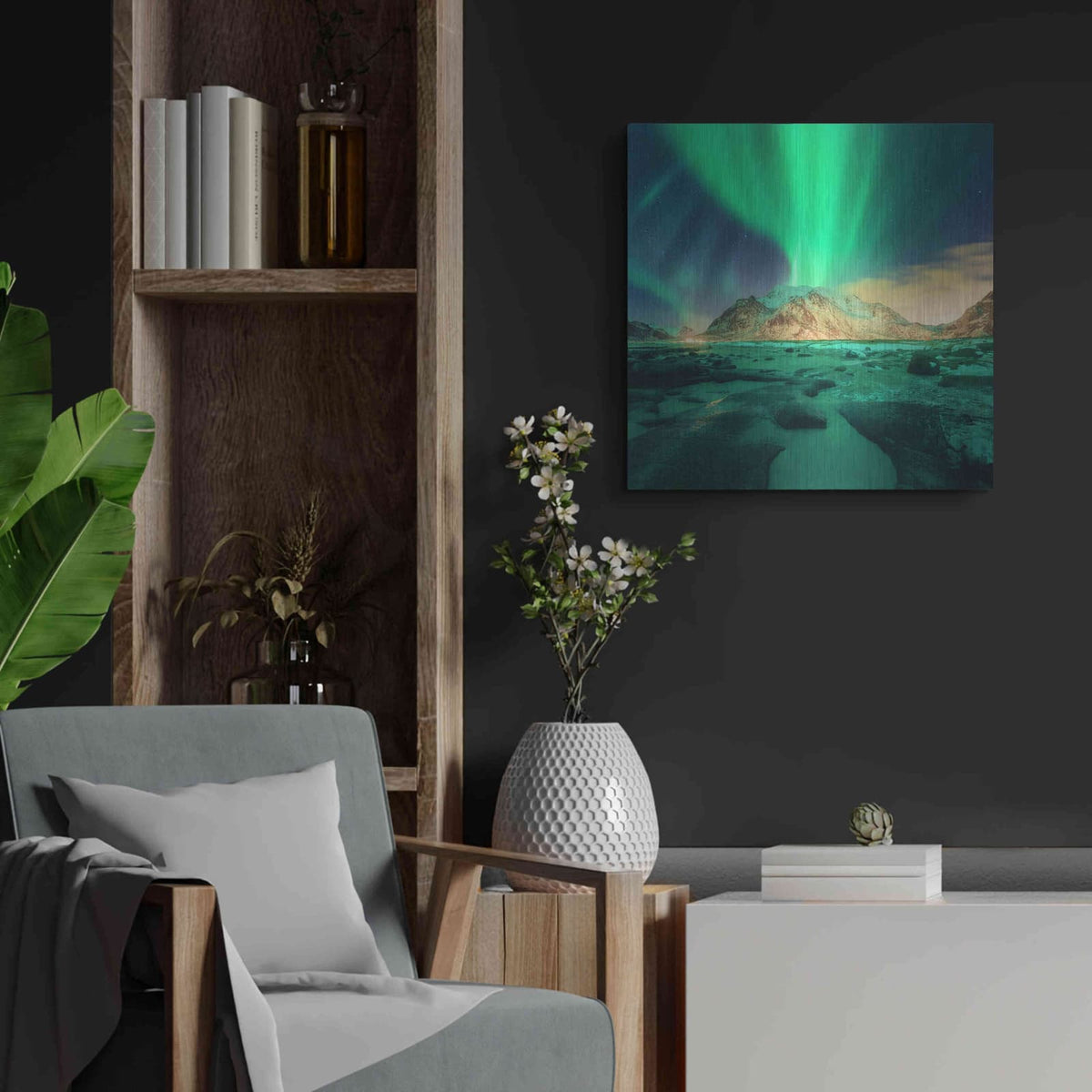 'Aurora Over Snowy Mountains' by Luxe Metal Portfolio – Metal Wall Art, 24x24 room view