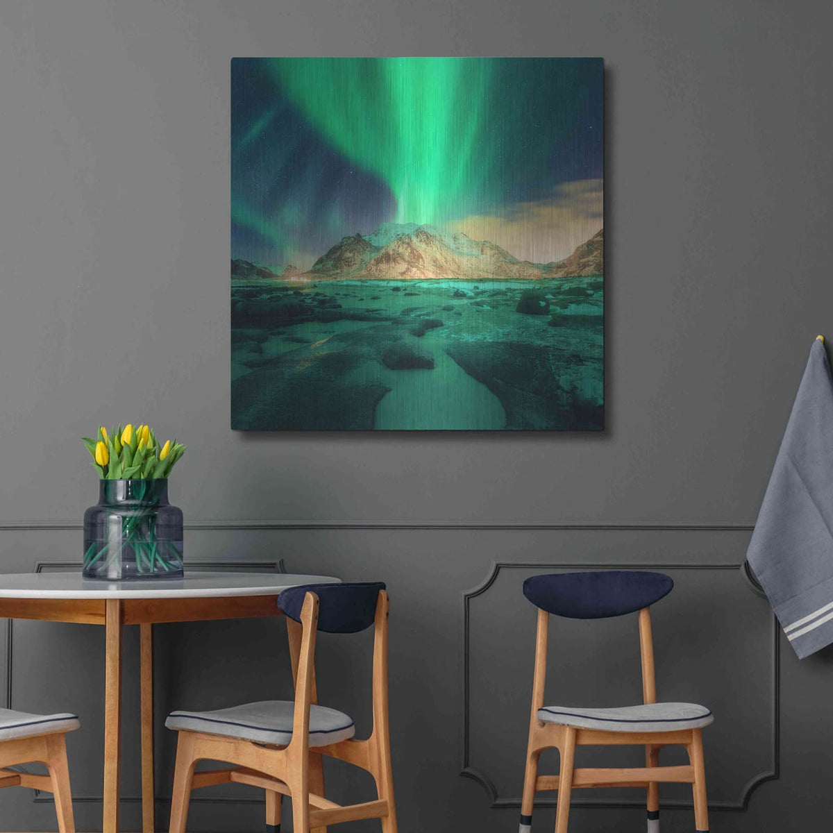 'Aurora Over Snowy Mountains' by Luxe Metal Portfolio – Metal Wall Art, 36x36 room view