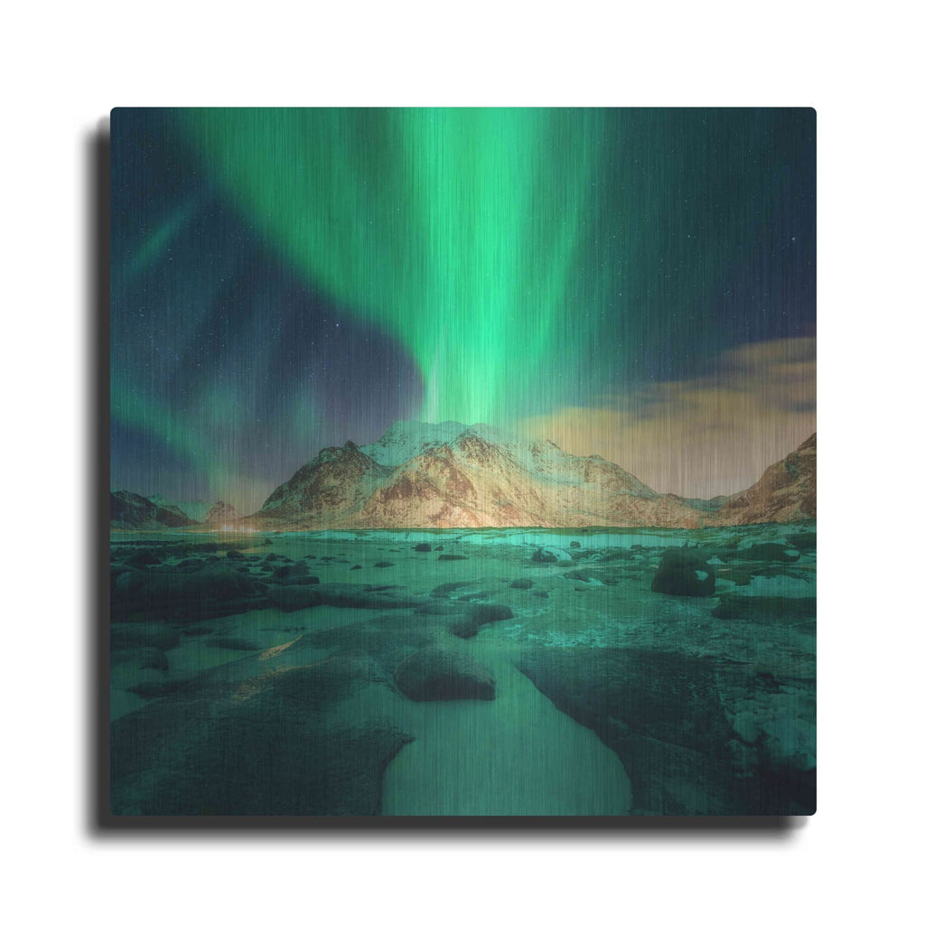 'Aurora Over Snowy Mountains' by Luxe Metal Portfolio – Metal Wall Art