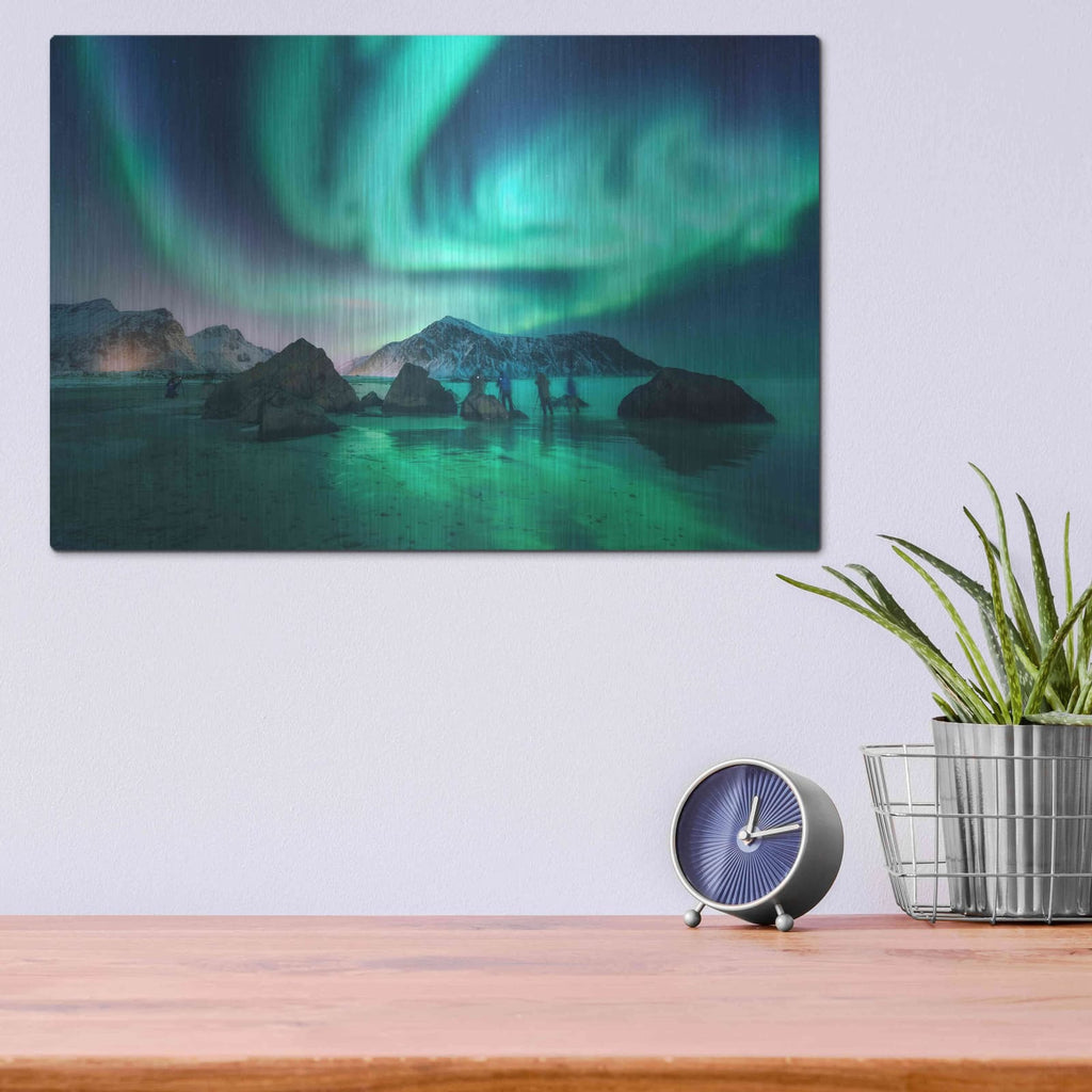 'Green Aurora Borealis And People' by Luxe Metal Portfolio – Metal Wall Art, 16x12 room view
