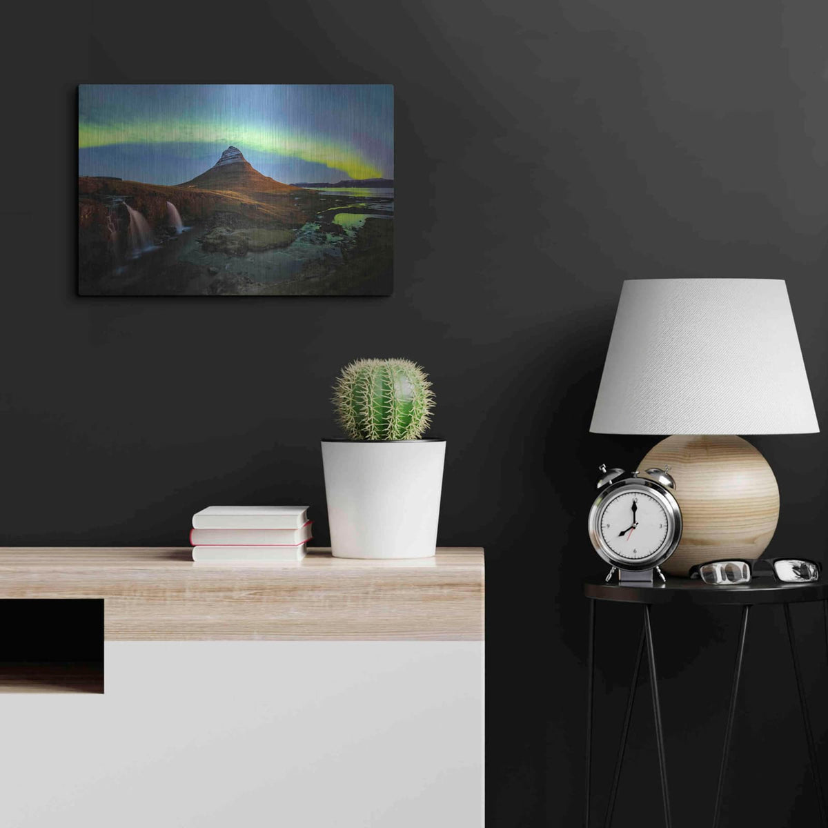 'Northern Light Aurora Borealis Over Kirkjufell 1' by Luxe Metal Portfolio – Metal Wall Art, 24x16 room view