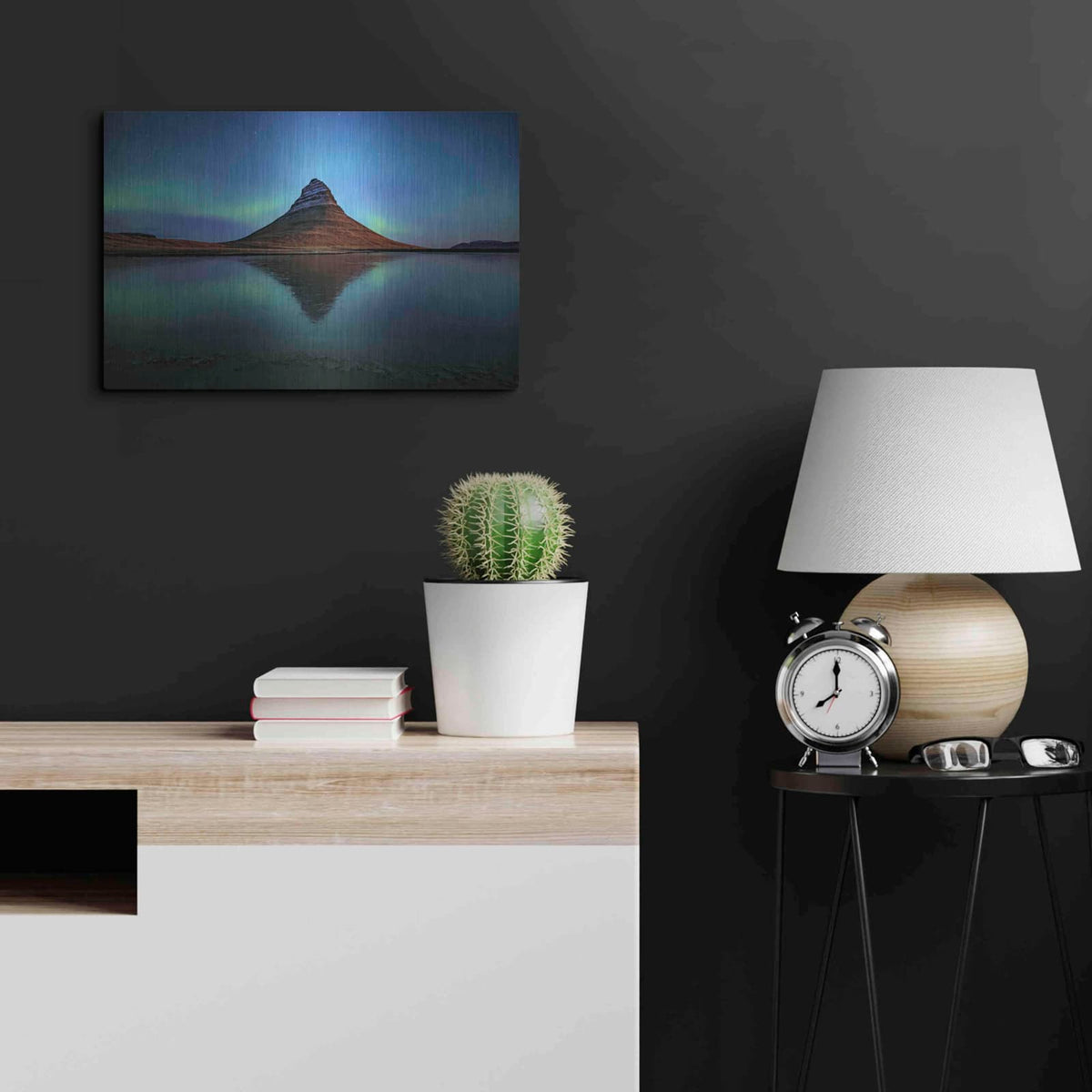 'Northern Light Aurora Borealis Over Kirkjufell 2' by Luxe Metal Portfolio – Metal Wall Art, 24x16 room view