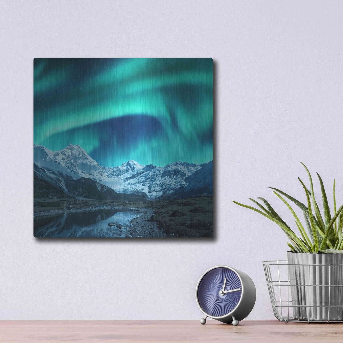 'Northern Lights Above Snow Covered Rocks' by Luxe Metal Portfolio – Metal Wall Art, 12x12 room view