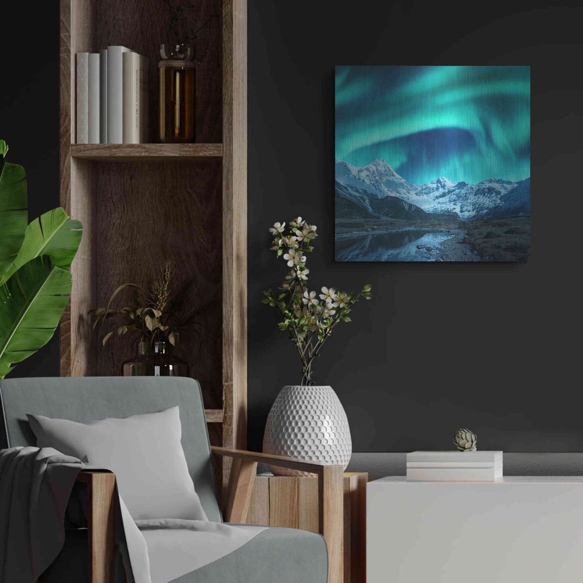 'Northern Lights Above Snow Covered Rocks' by Luxe Metal Portfolio – Metal Wall Art, 24x24 room view