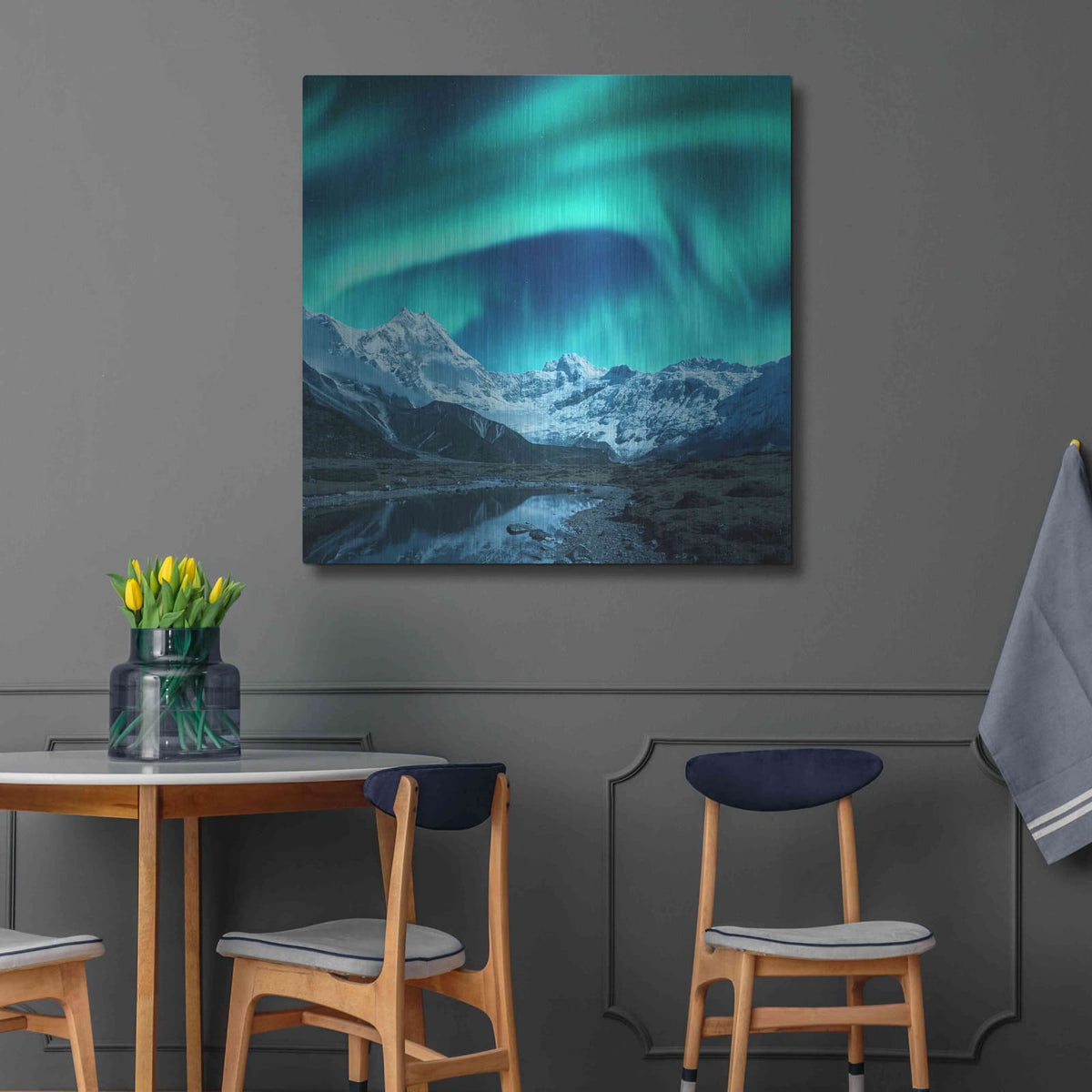 'Northern Lights Above Snow Covered Rocks' by Luxe Metal Portfolio – Metal Wall Art, 36x36 room view