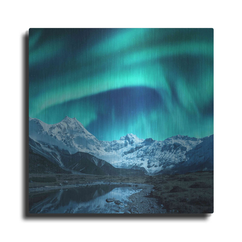 'Northern Lights Above Snow Covered Rocks' by Luxe Metal Portfolio – Metal Wall Art