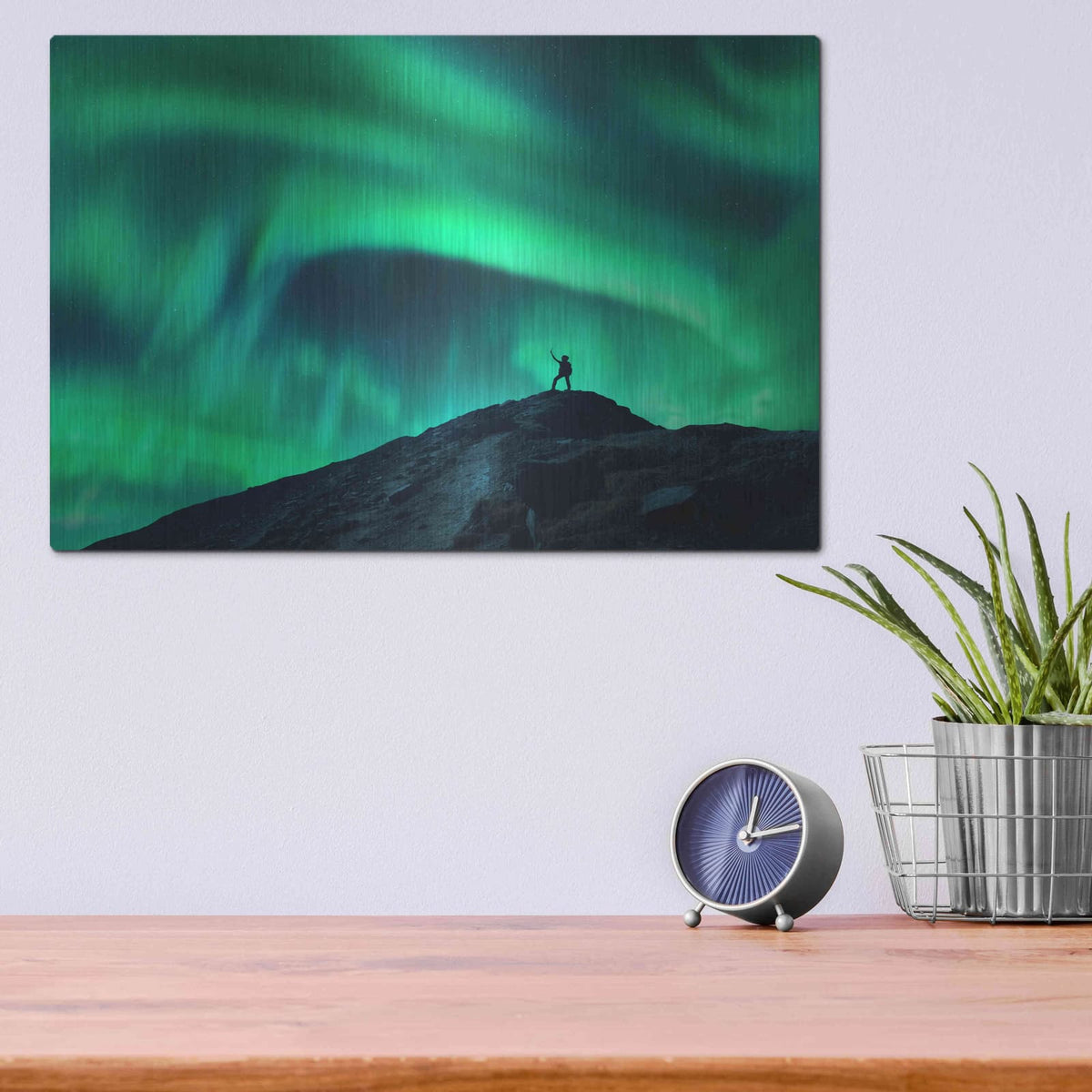 'Northern Lights And Woman' by Luxe Metal Portfolio – Metal Wall Art, 16x12 room view
