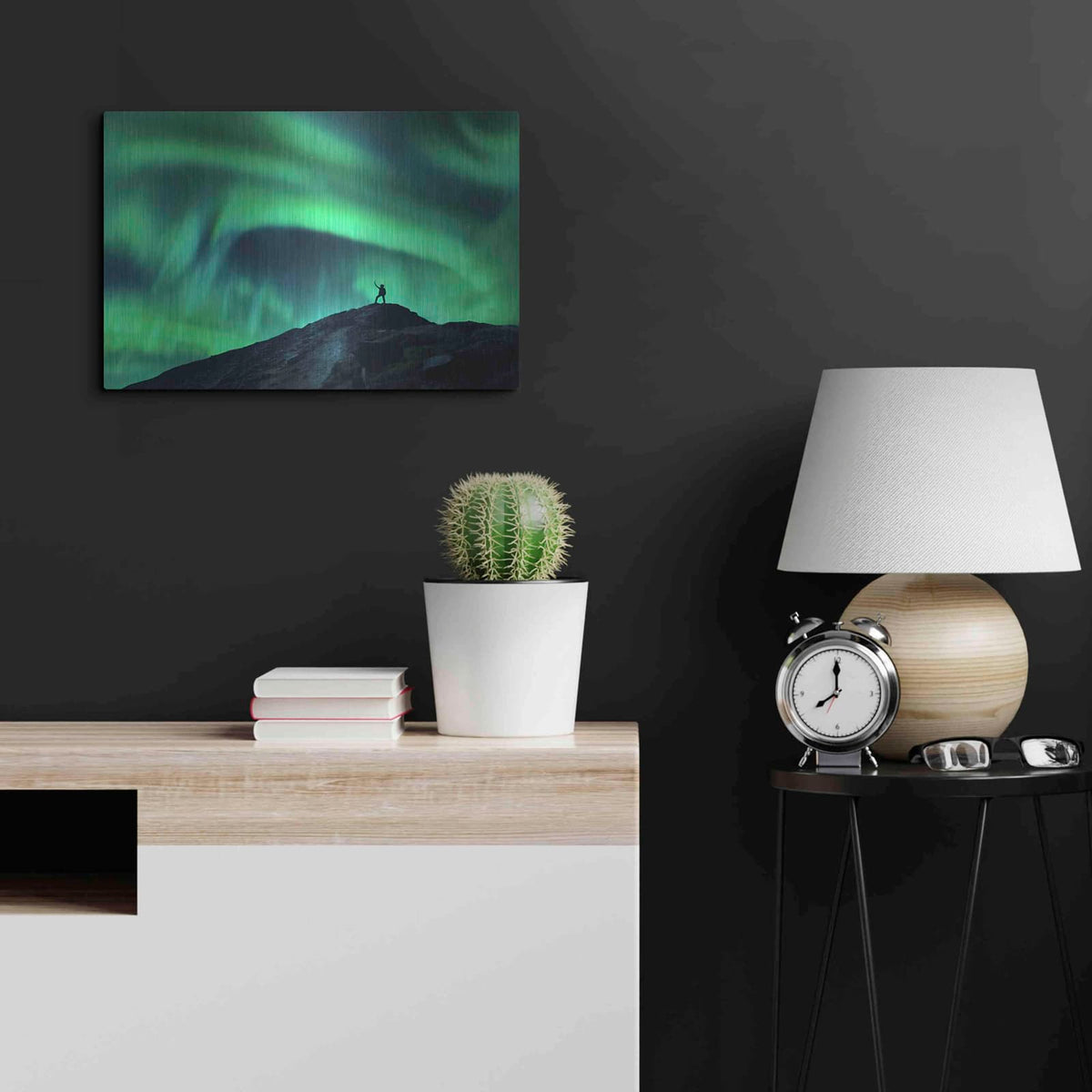 'Northern Lights And Woman' by Luxe Metal Portfolio – Metal Wall Art, 24x16 room view