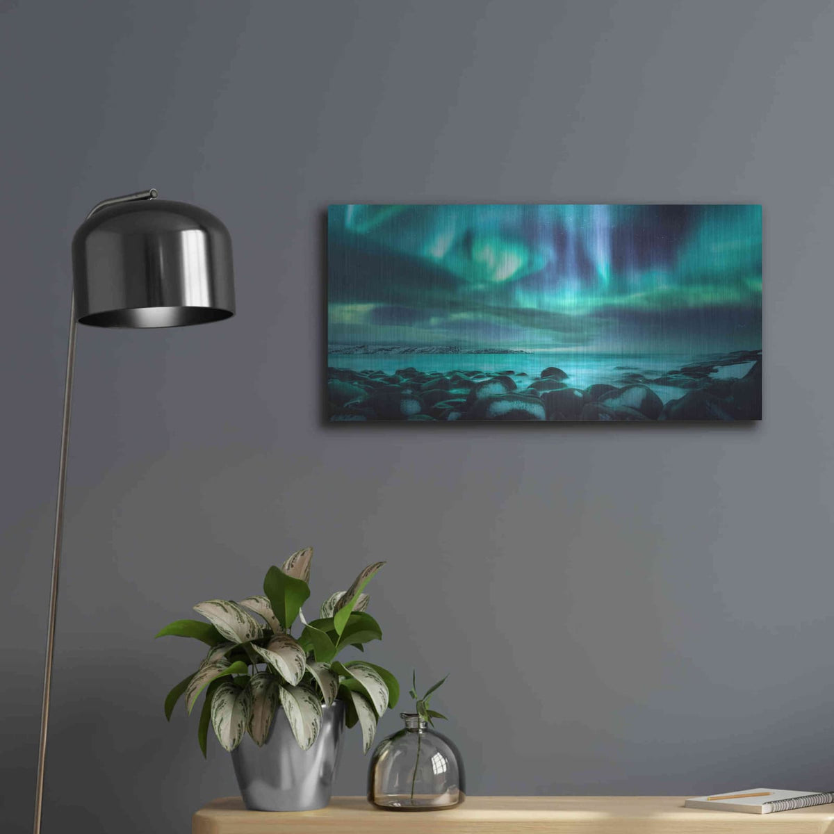 'Northern Lights Aurora Borealis Over Ocean' by Luxe Metal Portfolio – Metal Wall Art, 24x12 room view