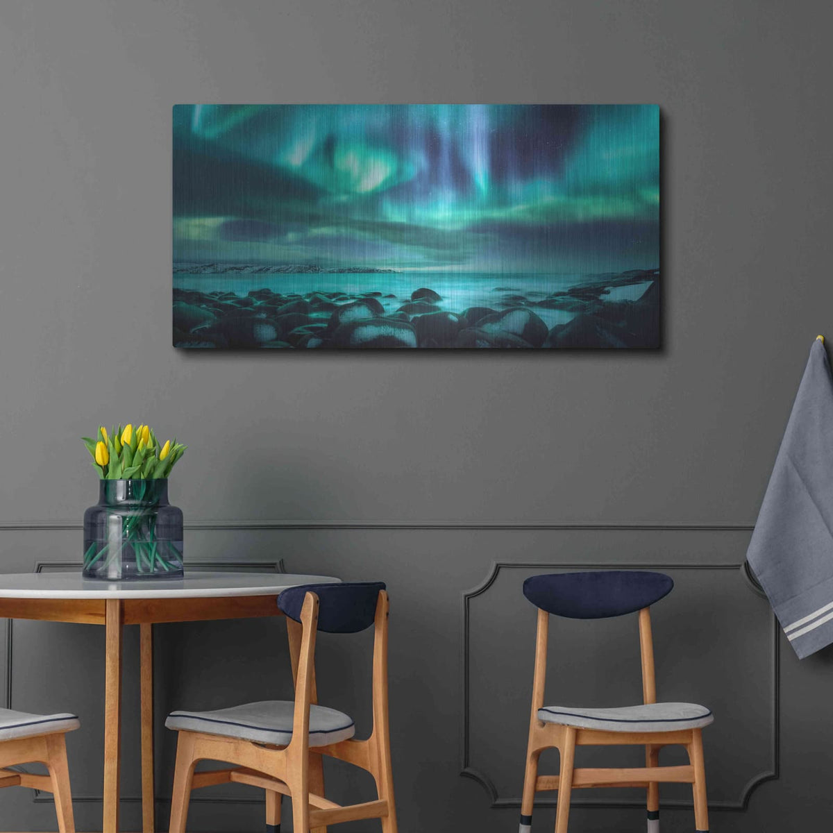 'Northern Lights Aurora Borealis Over Ocean' by Luxe Metal Portfolio – Metal Wall Art, 48x24 room view