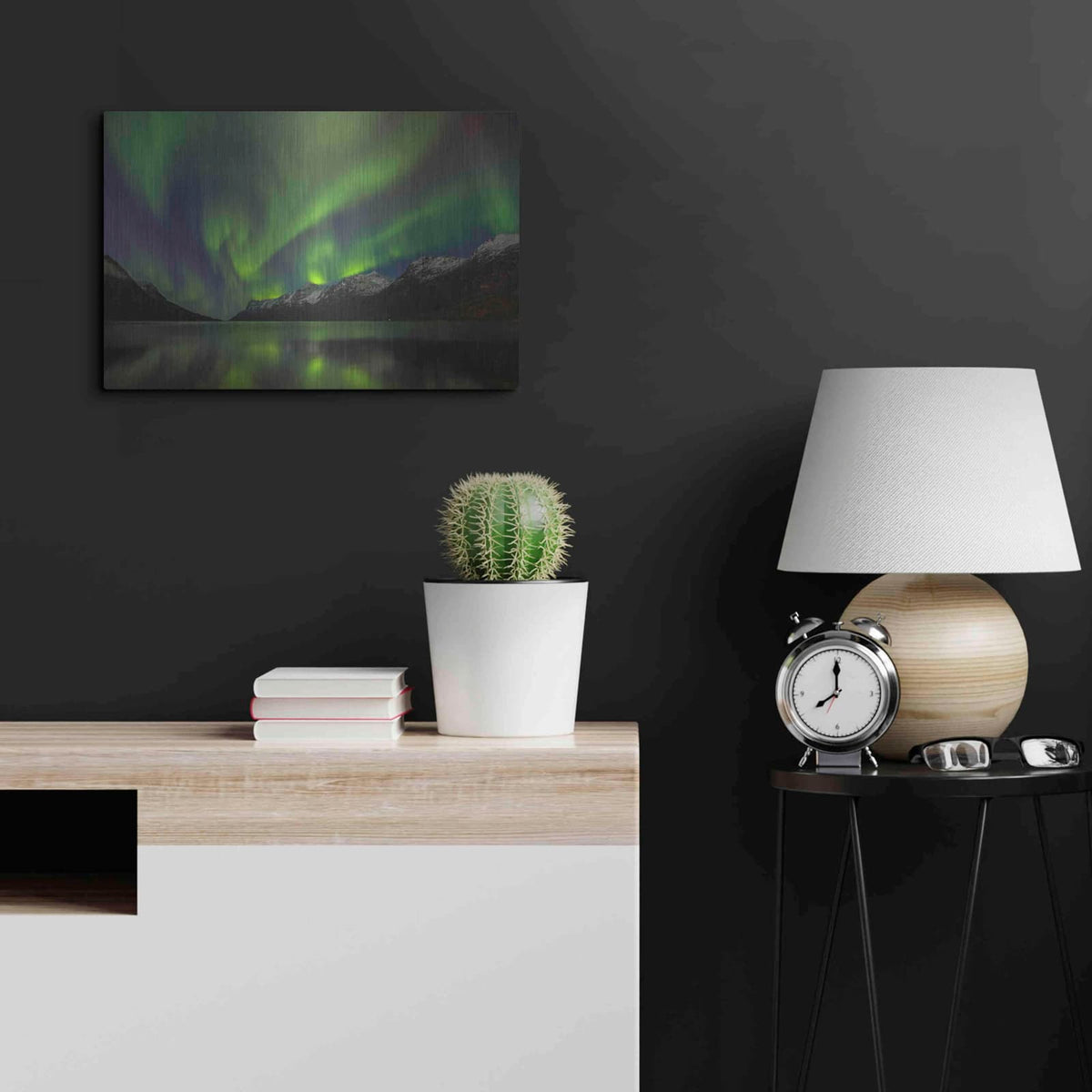 'Northern Lights In Ersfjorden' by Luxe Metal Portfolio – Metal Wall Art, 24x16 room view