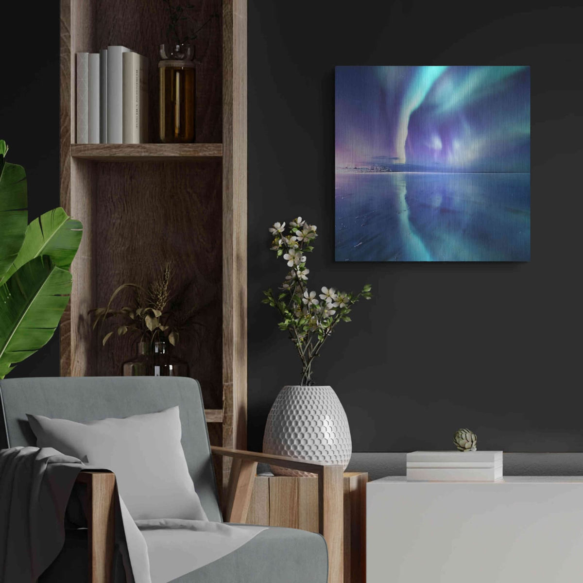 'Northern Lights In The Lofoten Islands Norway 4' by Luxe Metal Portfolio – Metal Wall Art, 24x24 room view