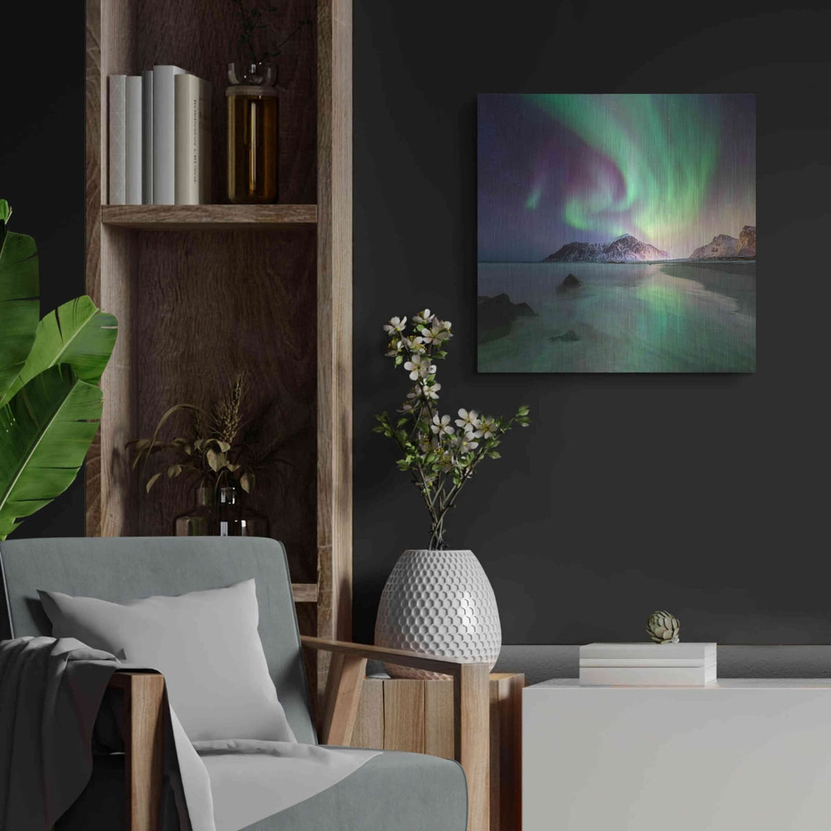 'Northern Lights In The Lofoten Islands Norway 5' by Luxe Metal Portfolio – Metal Wall Art, 24x24 room view