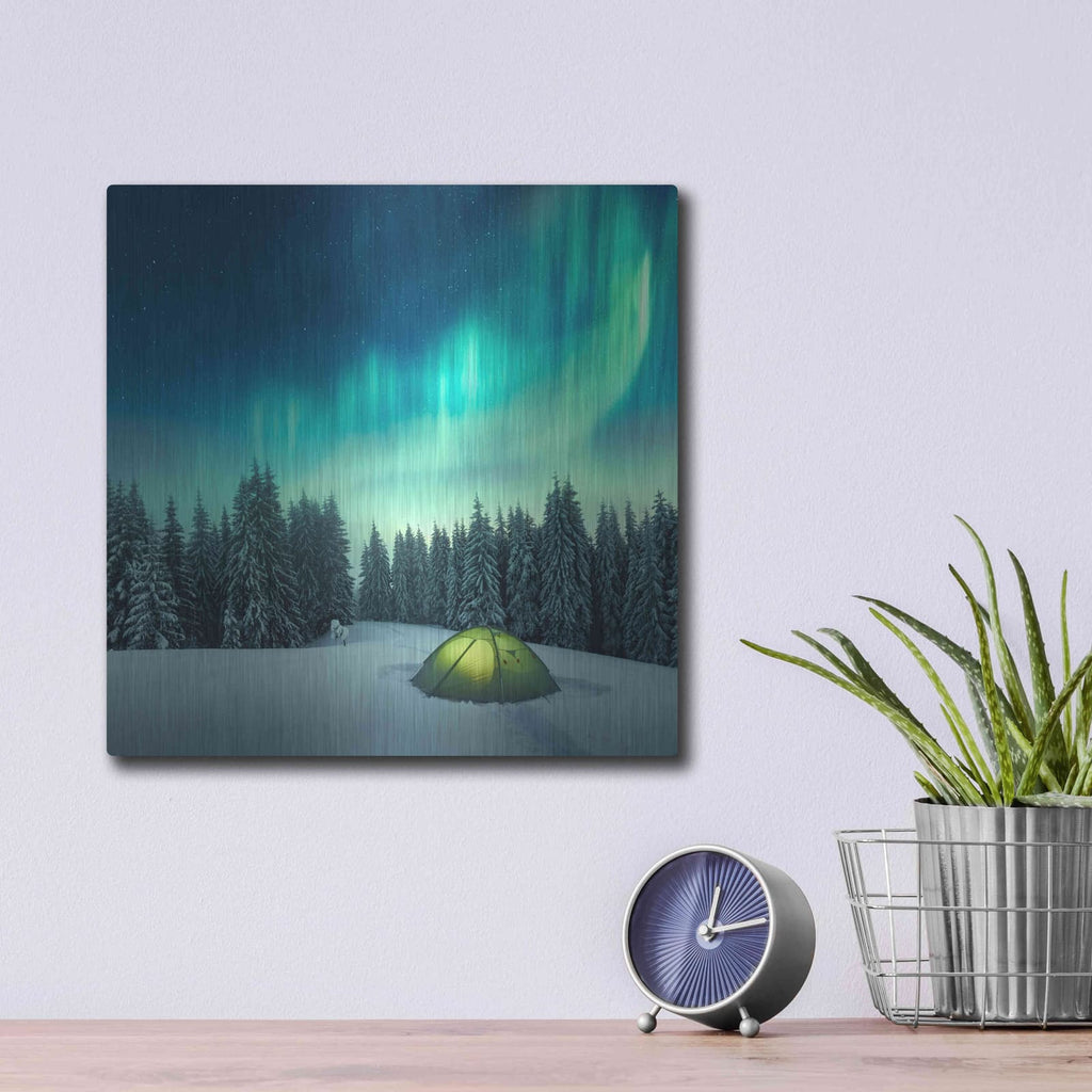 'Northern Lights In Winter Forest 1' by Luxe Metal Portfolio – Metal Wall Art, 12x12 room view
