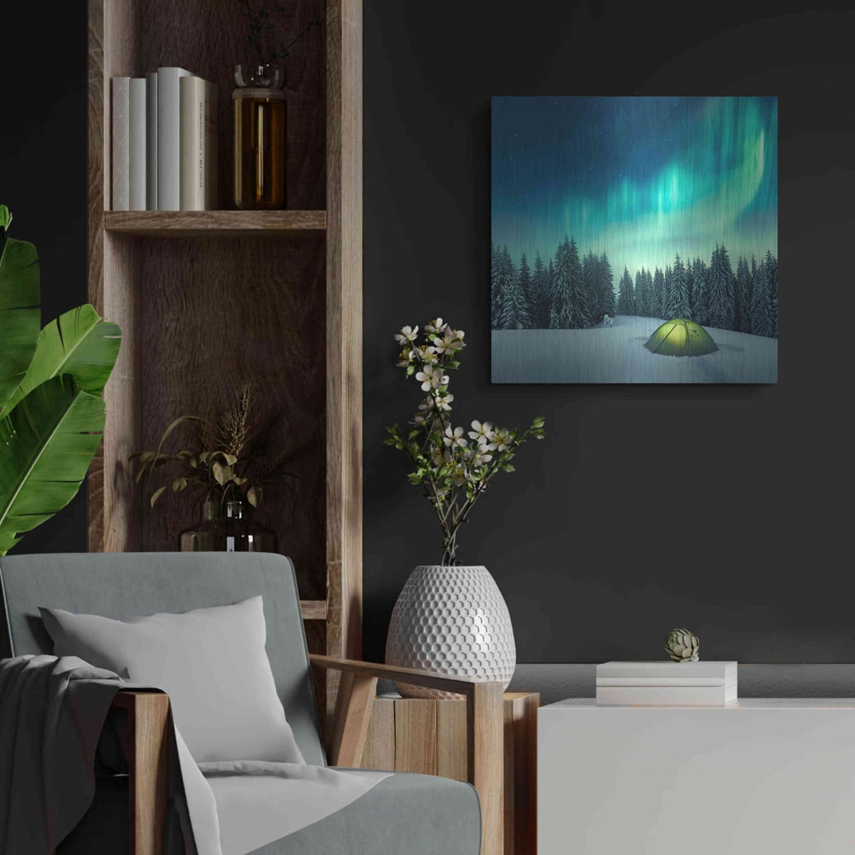'Northern Lights In Winter Forest 1' by Luxe Metal Portfolio – Metal Wall Art, 24x24 room view
