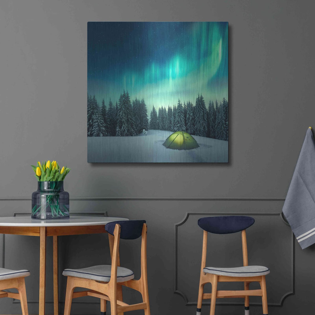 'Northern Lights In Winter Forest 1' by Luxe Metal Portfolio – Metal Wall Art, 36x36 room view