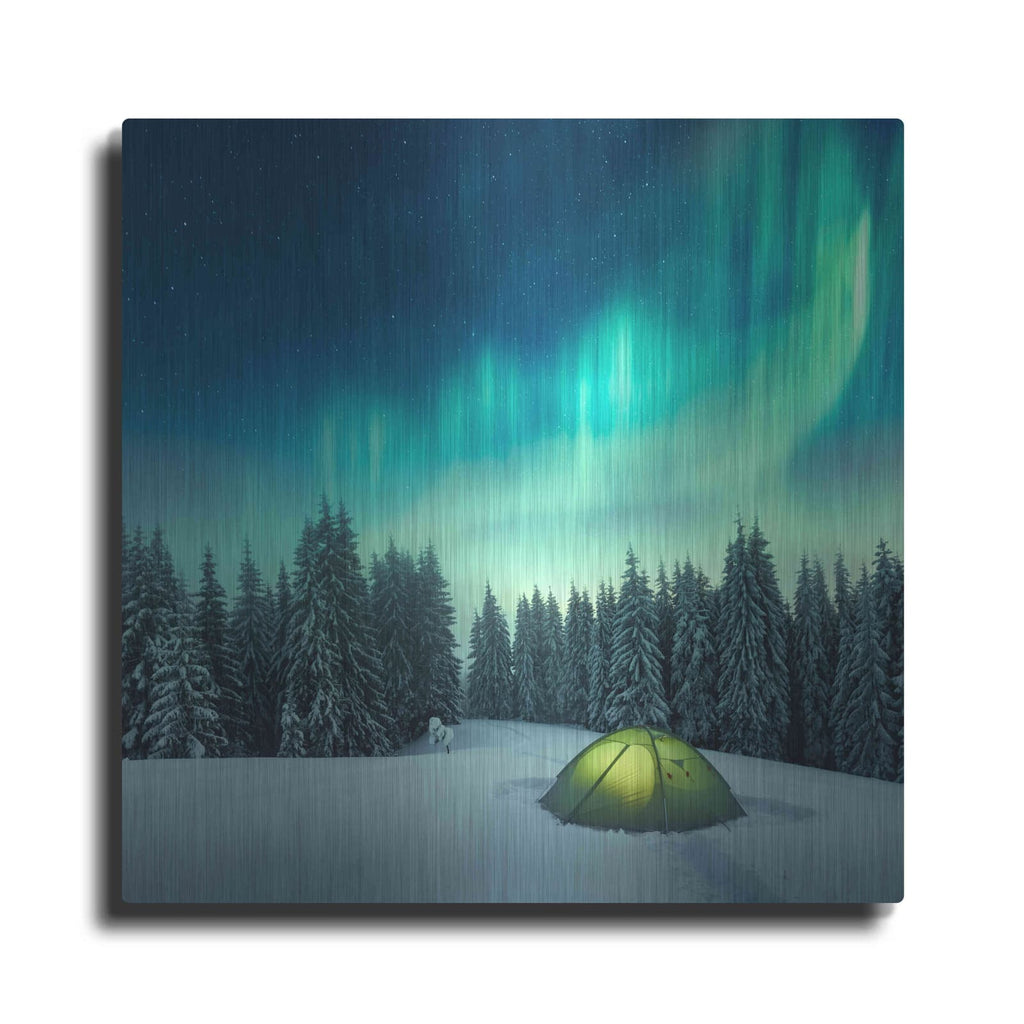 'Northern Lights In Winter Forest 1' by Luxe Metal Portfolio – Metal Wall Art