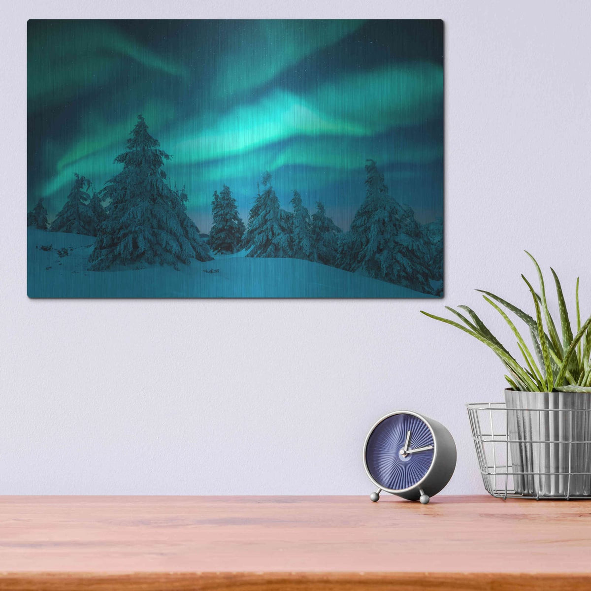 'Northern Lights In Winter Forest 2' by Luxe Metal Portfolio – Metal Wall Art, 16x12 room view