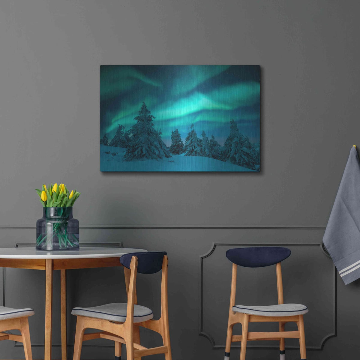 'Northern Lights In Winter Forest 2' by Luxe Metal Portfolio – Metal Wall Art, 36x24 room view
