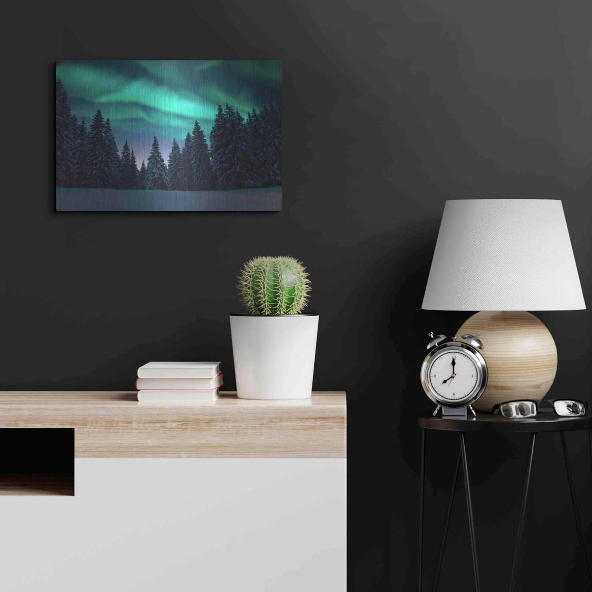 'Northern Lights In Winter Forest 3' by Luxe Metal Portfolio – Metal Wall Art, 24x16 room view