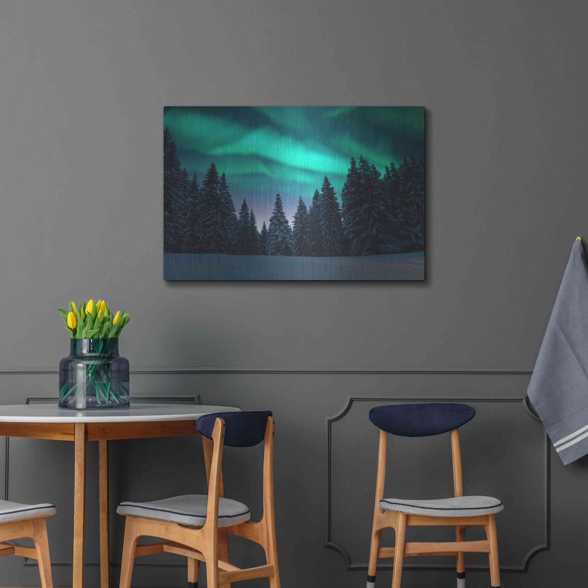 'Northern Lights In Winter Forest 3' by Luxe Metal Portfolio – Metal Wall Art, 36x24 room view