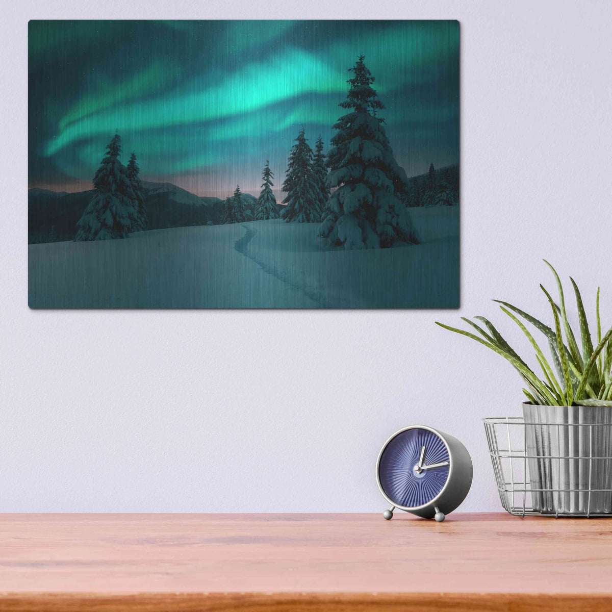'Northern Lights In Winter Forest 4' by Luxe Metal Portfolio – Metal Wall Art, 16x12 room view