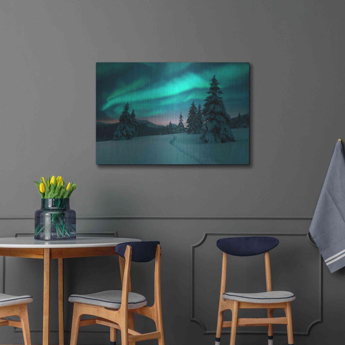 'Northern Lights In Winter Forest 4' by Luxe Metal Portfolio – Metal Wall Art, 36x24 room view