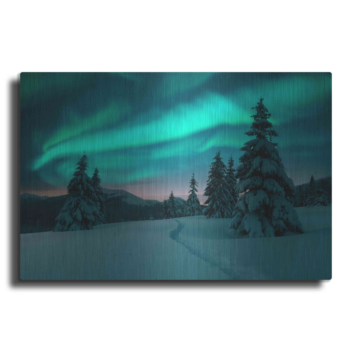 'Northern Lights In Winter Forest 4' by Luxe Metal Portfolio – Metal Wall Art